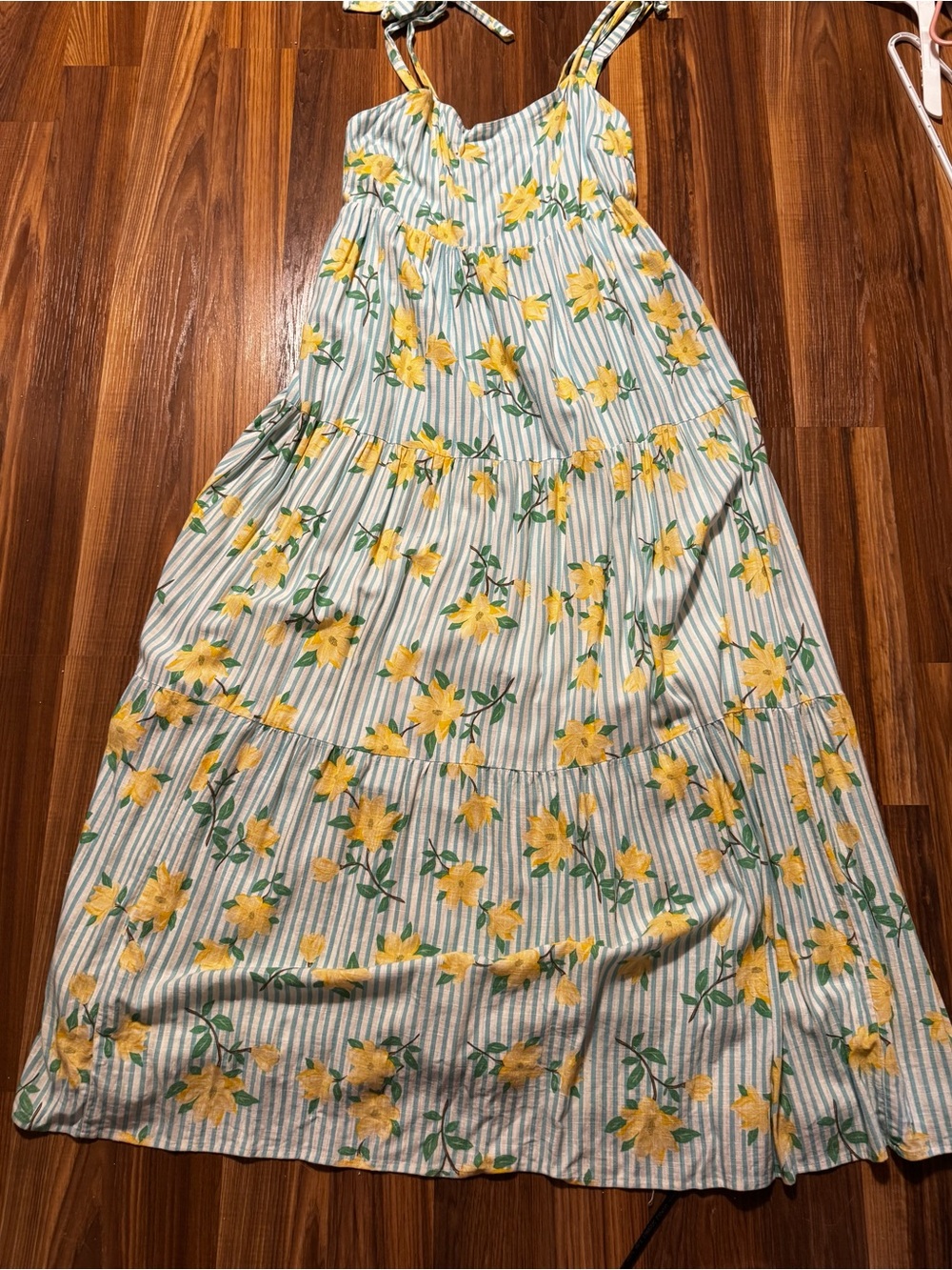 Yellow Floral Striped Maxi Skirt Dress